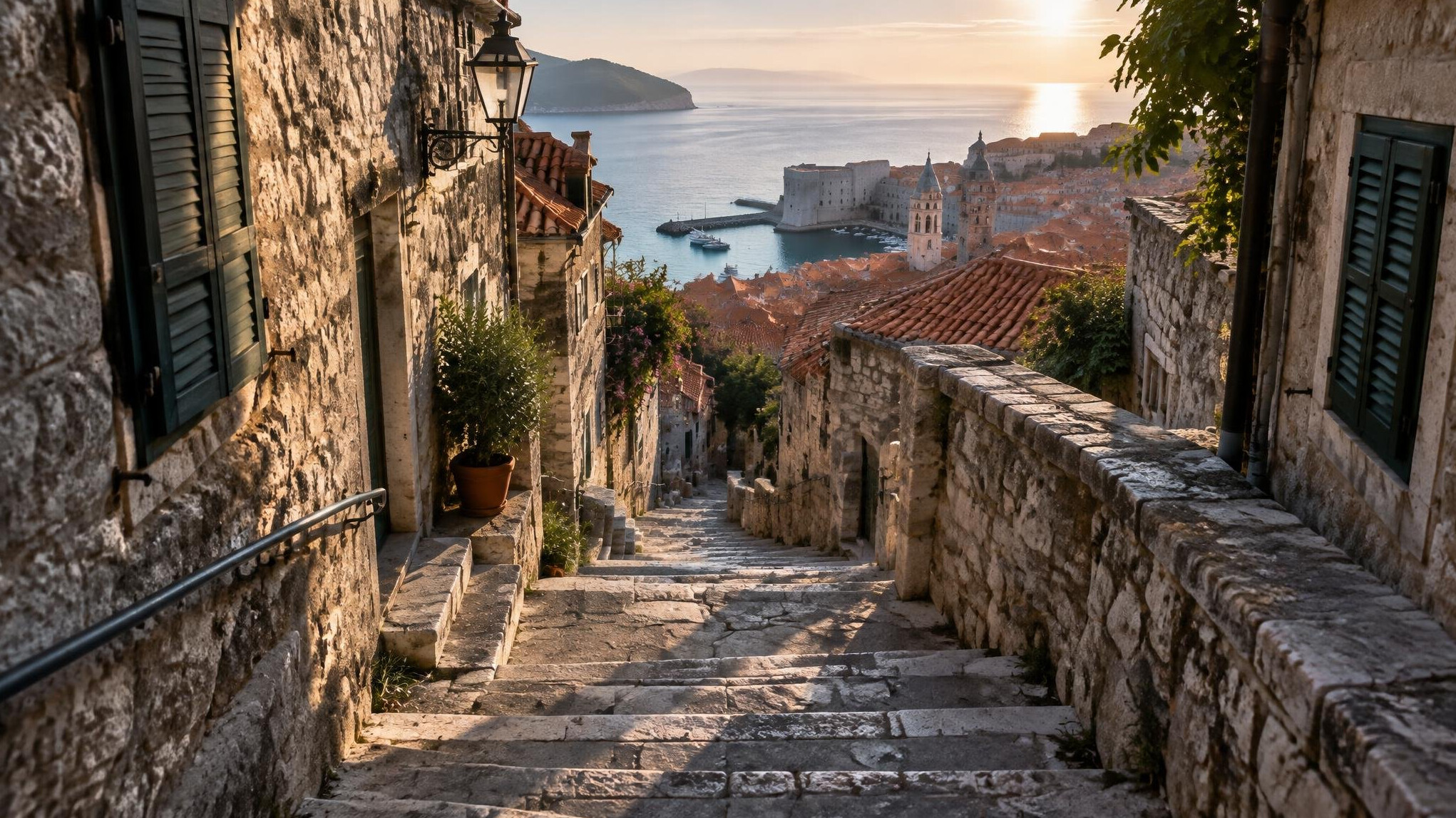 Worn stone staircase winding between old stone houses