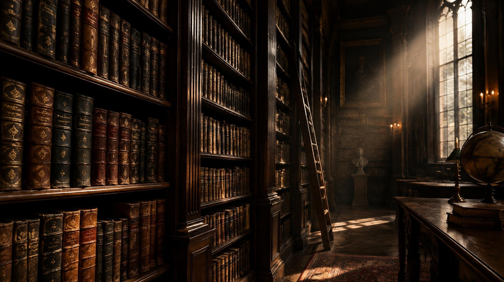 Rows of old leather bound books on tall wooden library shelves