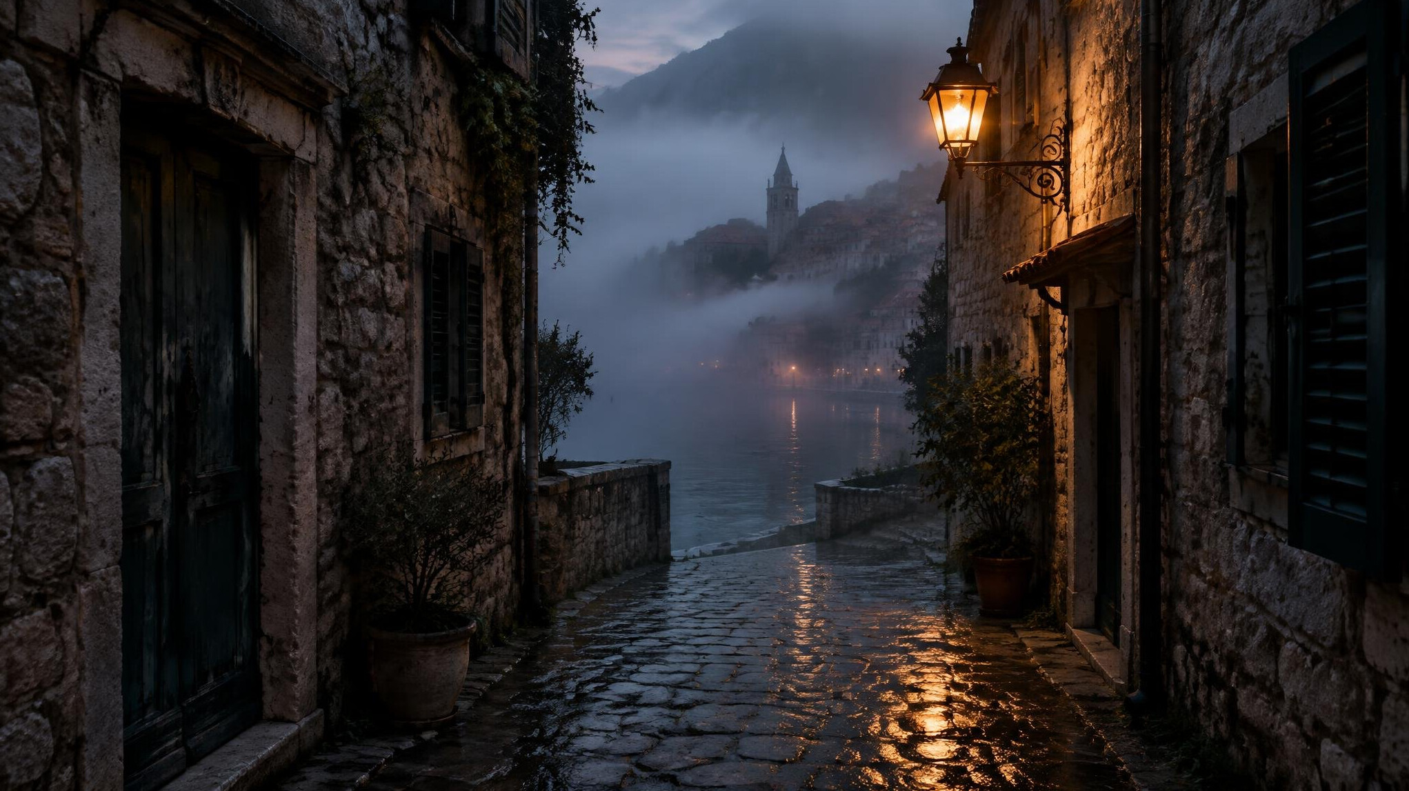Foggy cobblestone alley in an old European coastal town at dusk