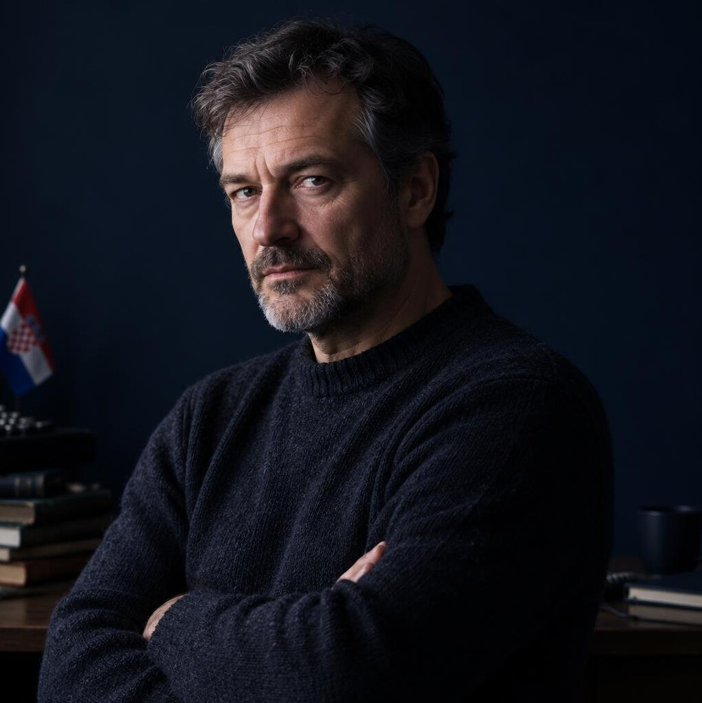 Portrait of a Croatian mystery novelist in a dim study