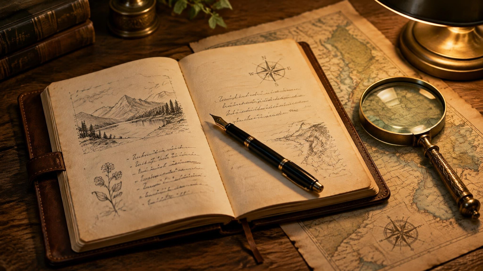 Open leather notebook with fountain pen and magnifying glass on a desk