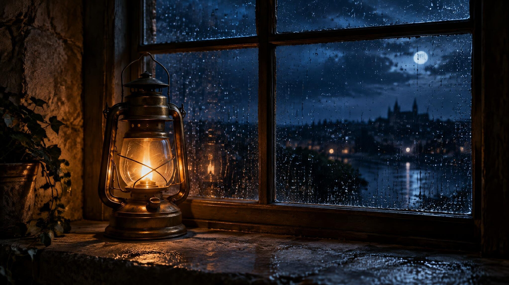 Antique brass lantern glowing on a stone windowsill at night